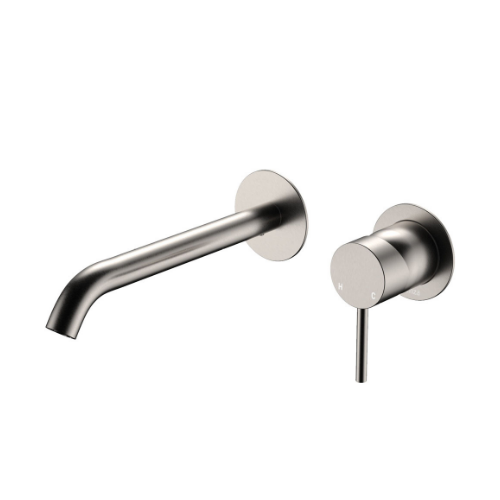 Fienza Kaya Basin Bath Wall Mixer Set Round Plates 200mm Outlet Brushed Nickel
