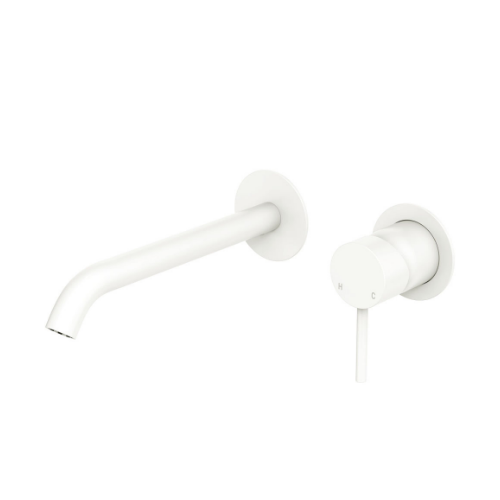 Fienza Kaya Basin Bath Wall Mixer Set Round Plates 200mm Outlet Matte White