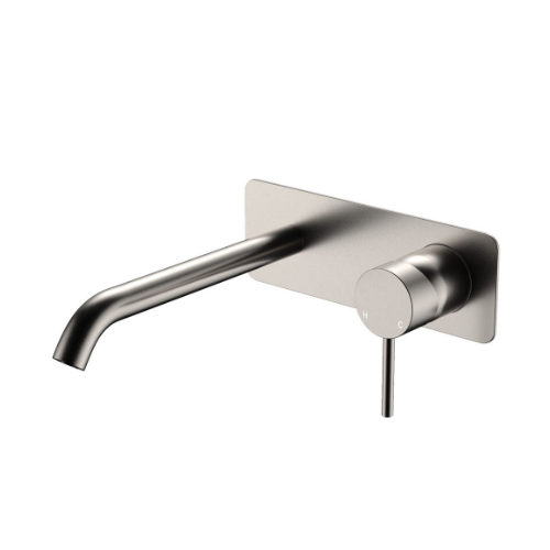 Fienza Kaya Basin Bath Wall Mixer Set Rectangular Plate 200mm Outlet Brushed Nickel