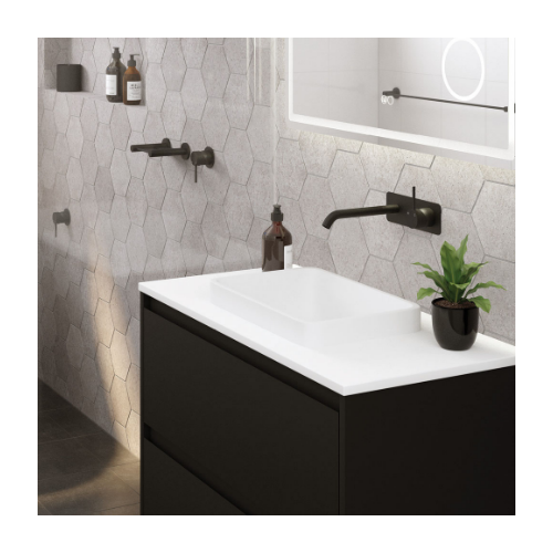 Fienza Kaya Up BasinB ath Wall Mixer Set Rectangular Plate 160mm Outlet Matte Black - Image 2