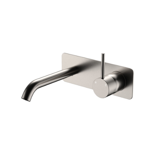Fienza Kaya Up BasinB ath Wall Mixer Set Rectangular Plate 160mm Outlet Brushed Nickel