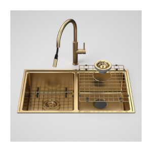 Caroma Urbane® II Double Bowl Sink with Liano II Pull Out Sink Mixer Brushed Brass