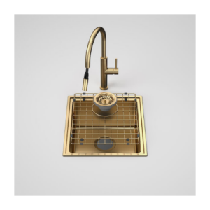 Caroma Urbane® II Single Bowl Sink with Liano II Pull Out Sink Mixer Brushed Brass