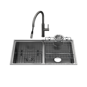 Caroma Urbane® II Double Bowl Sink with Liano II Pull Out Sink Mixer Gunmetal