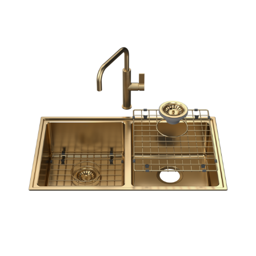 Caroma Urbane® II Double Bowl Sink with Caroma Urbane® II - Sink Mixer Brushed Brass - Image 2