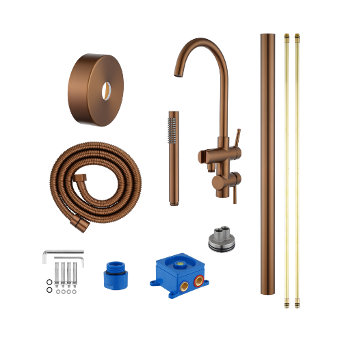 Aquaperla Round Brushed Copper Freestanding Bath Mixer With Handheld Shower - Image 3