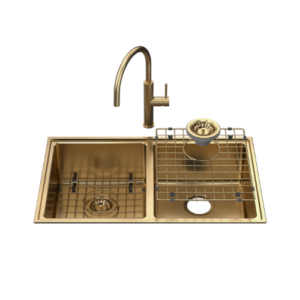 Caroma Urbane® II Double Bowl Sink with Liano II Sink Mixer Brushed Brass