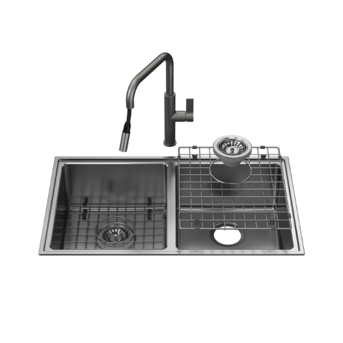 Caroma Urbane® II Double Bowl Sink with Caroma Urbane® II Pull Out Sink Mixer Gunmetal